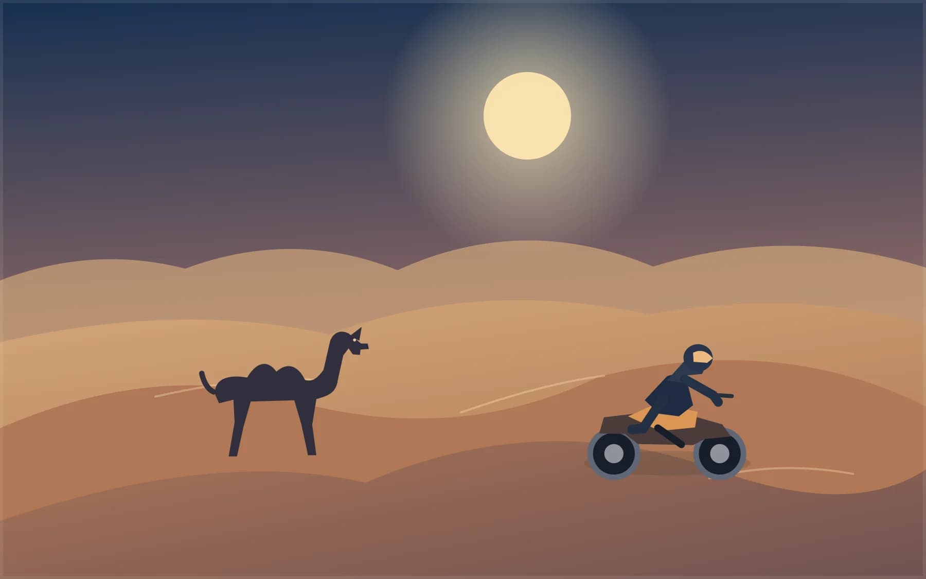 Illustrated Sahara scene with a camel and quad bike in the dunes
