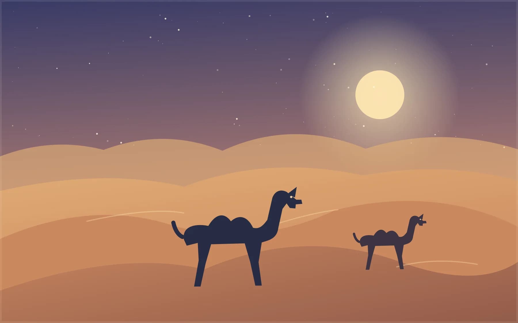 Original illustration of camels moving through Sahara dunes at sunset