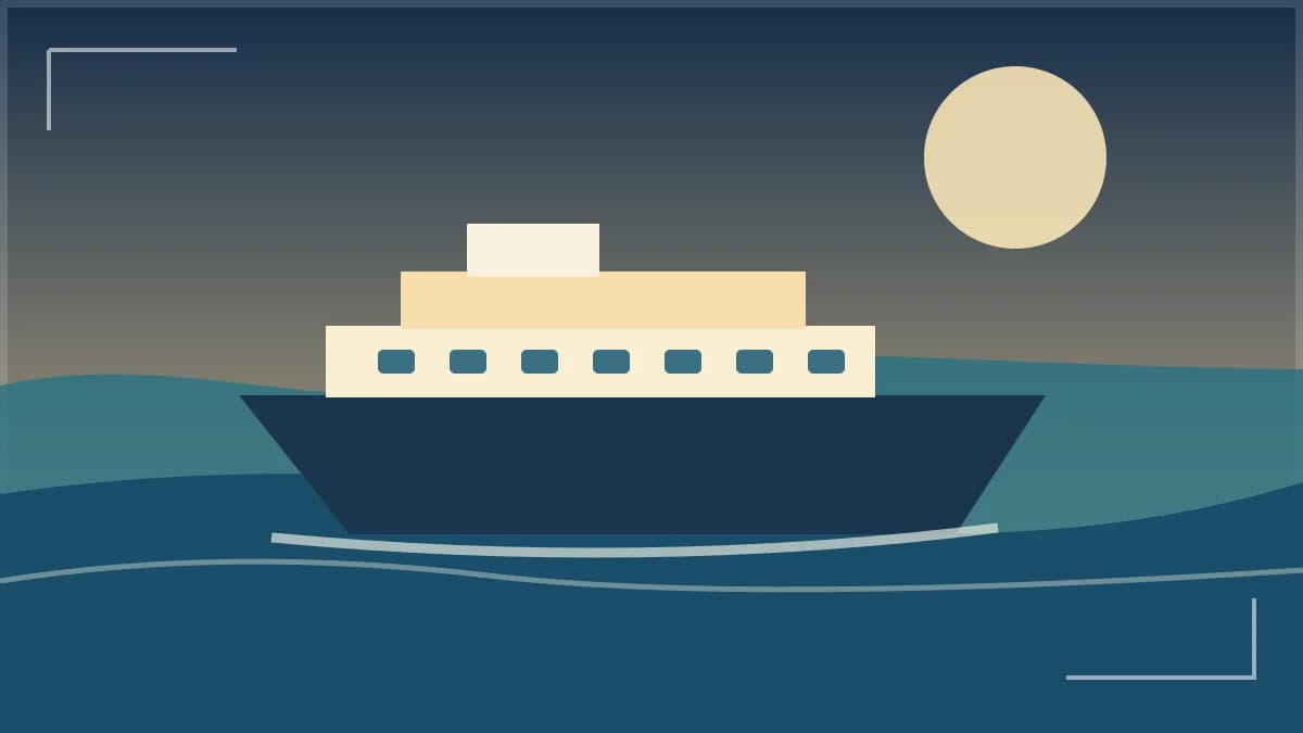 Original illustrated travel view of ferries crossing toward northern Morocco