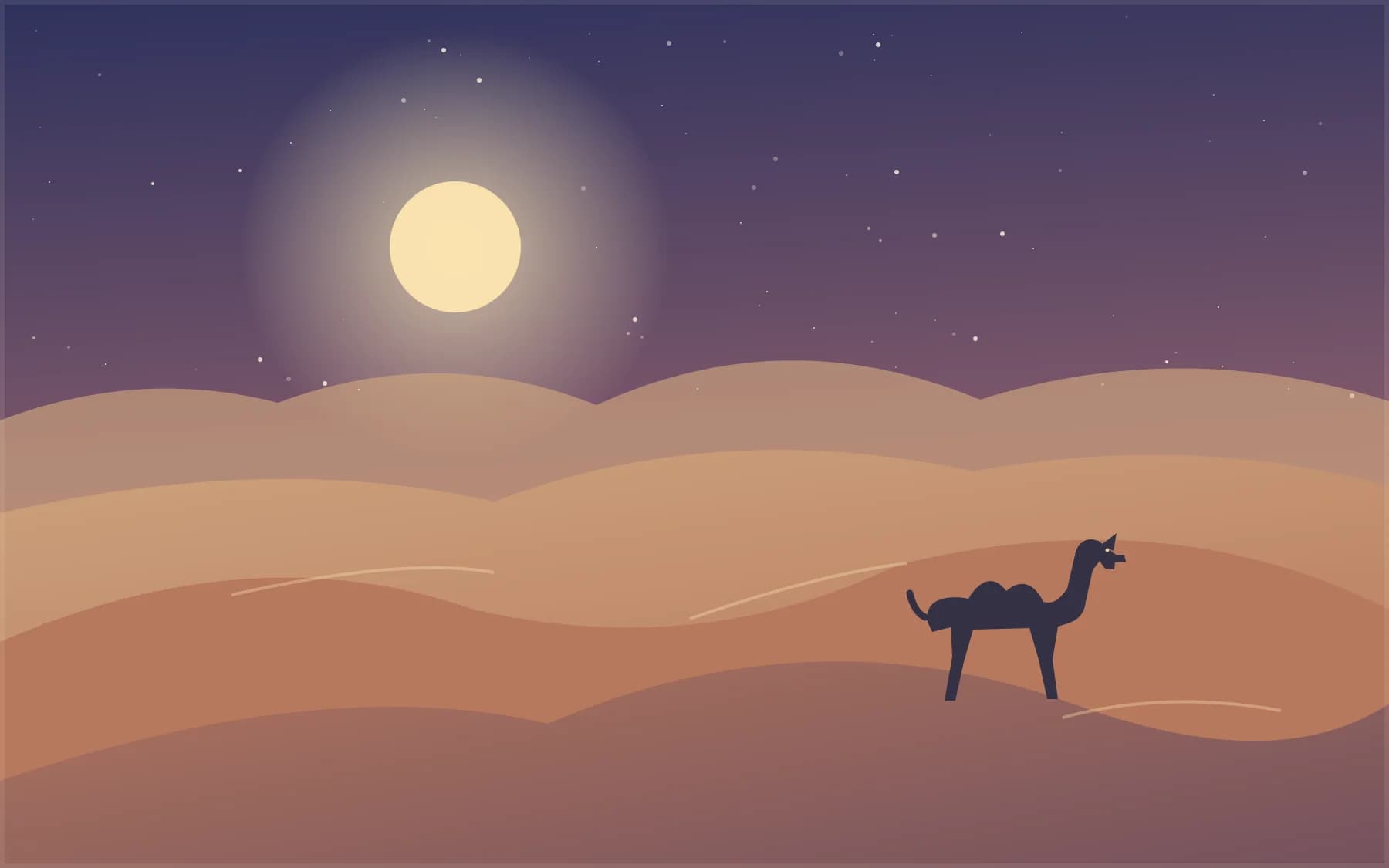 Original illustration of quiet dunes and camel trekking at dusk