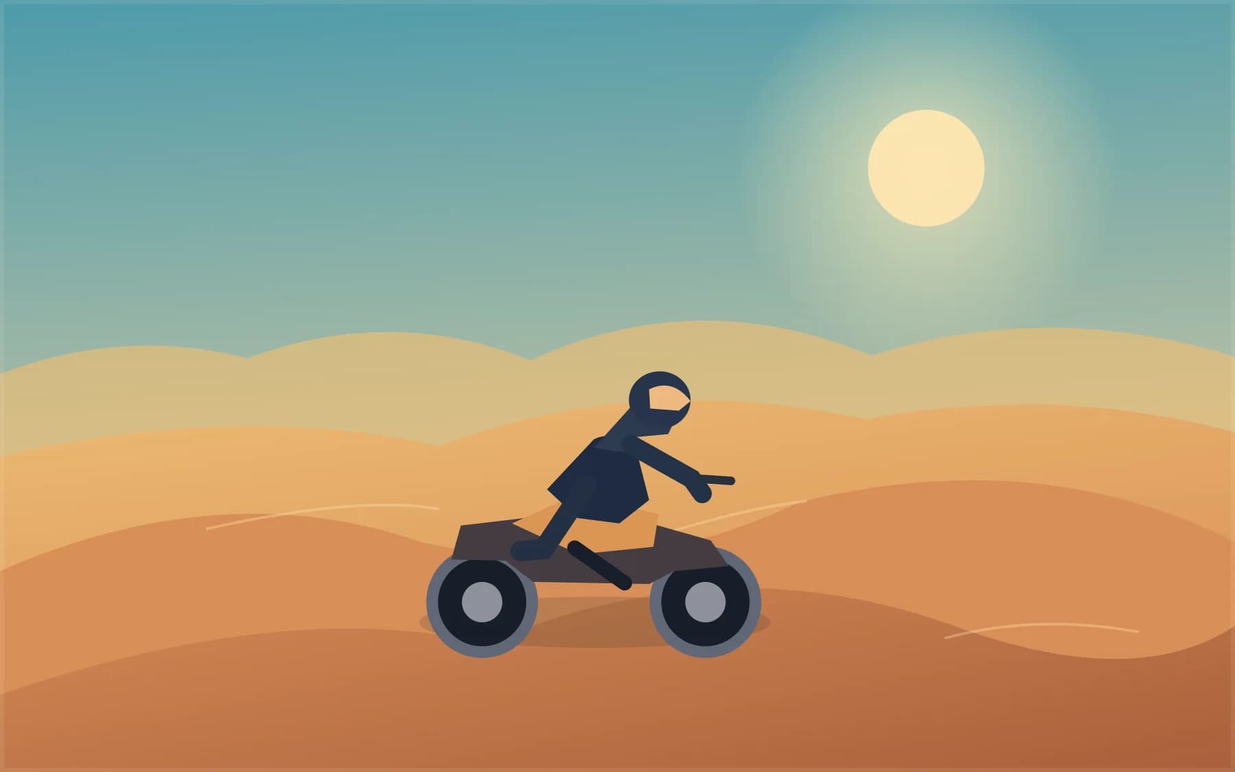 Original illustration of a helmeted rider on a quad bike in golden desert dunes