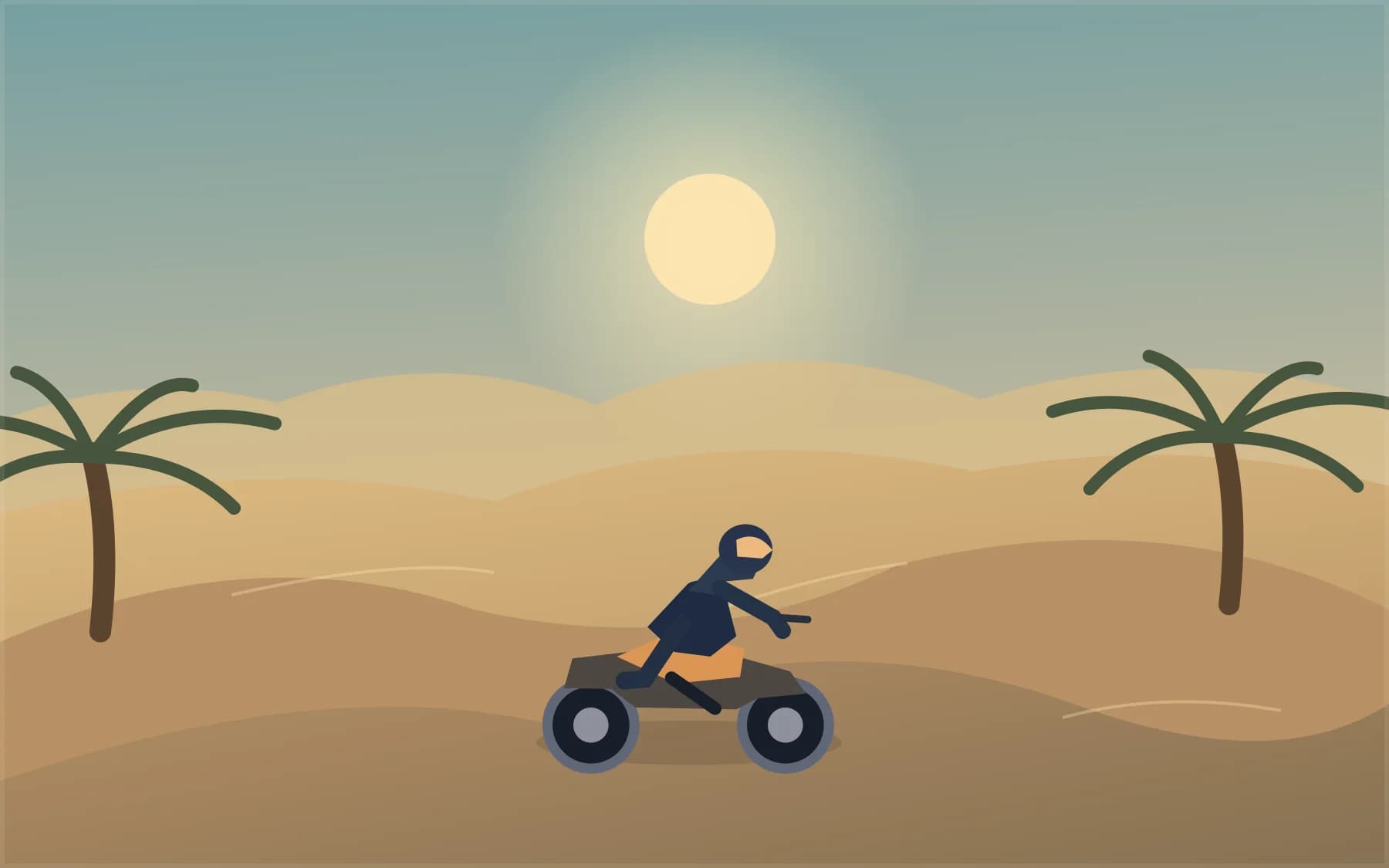 Original illustration of a quad ride among palm trees