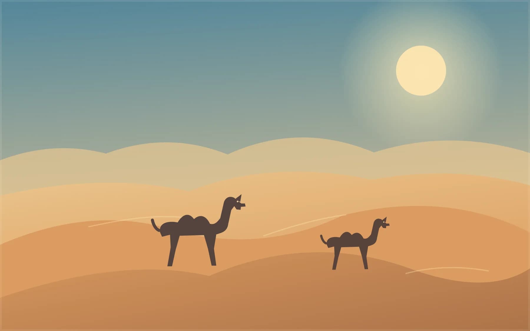 Original illustration of camels walking across golden Sahara dunes