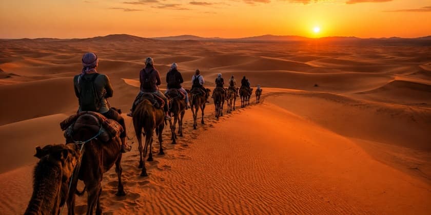 Travelers camel trekking in the golden sand near Merzouga at sunset