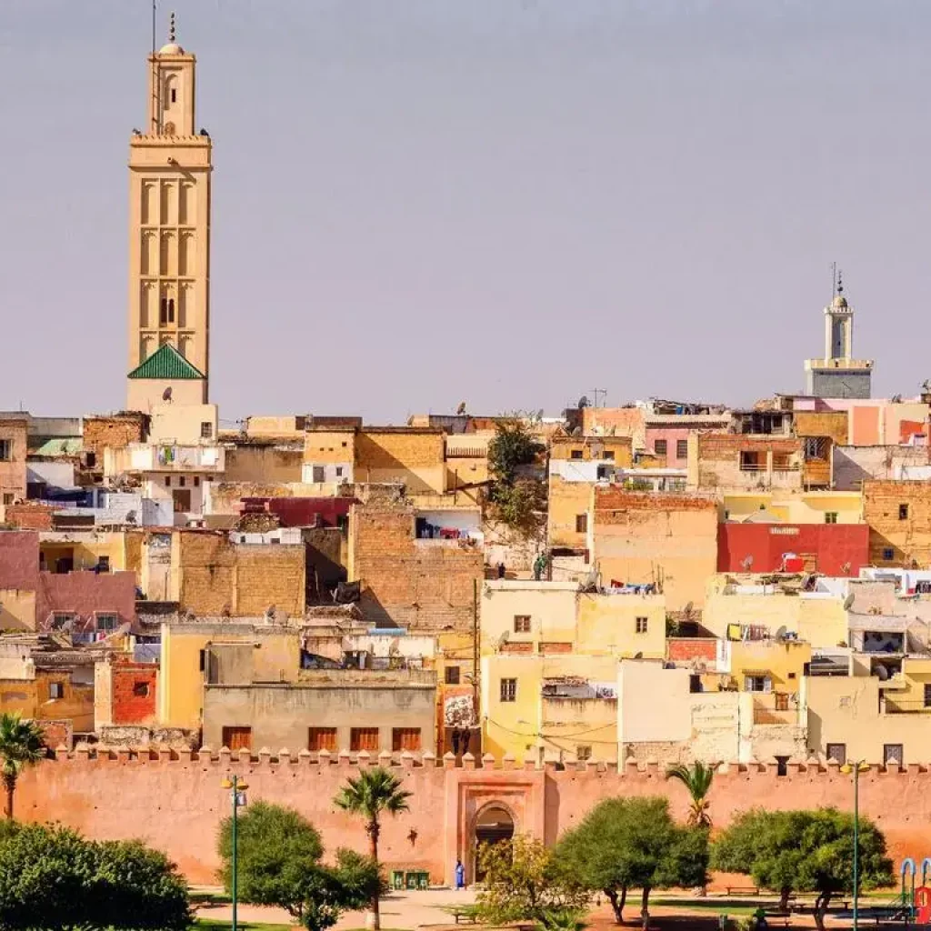 Panoramic view of Meknes, Morocco - A vibrant cityscape showcasing the historic medina, ideal for cultural tourism