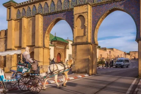 Panoramic view of the Medina in Meknes, Morocco - A vibrant cityscape showcasing traditional Moroccan architecture, ideal for cultural tourism and historical exploration.