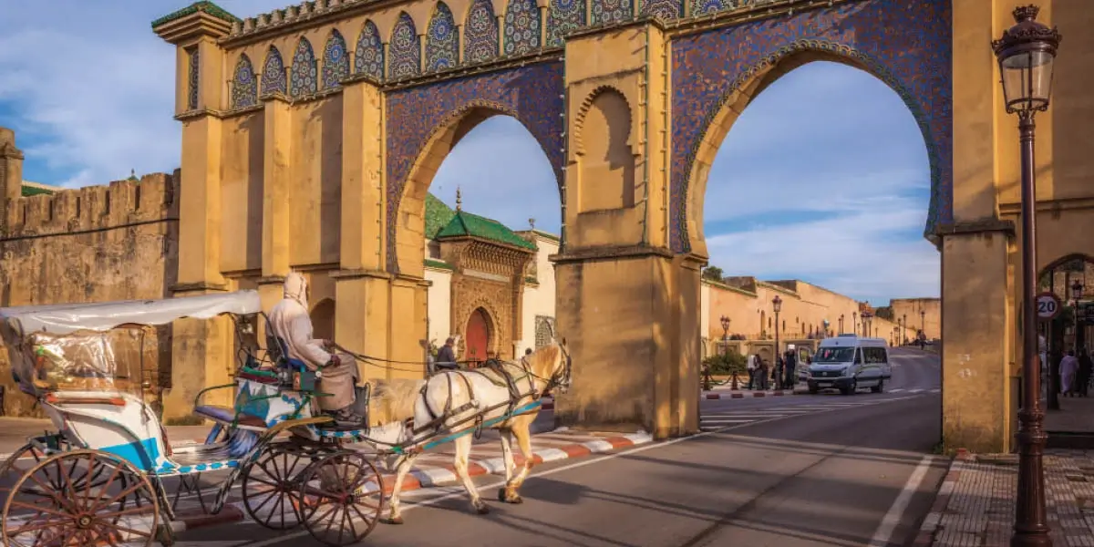 Panoramic view of the Medina in Meknes, Morocco - A vibrant cityscape showcasing traditional Moroccan architecture, ideal for cultural tourism and historical exploration.