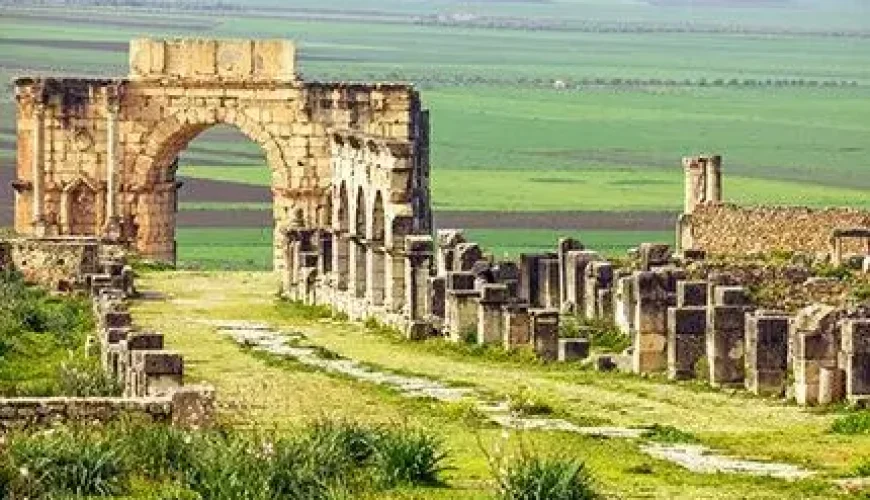 The iconic archway in the Roman ruins of Volubilis, Morocco, set against a backdrop of lush green fields. This UNESCO World Heritage Site is a must-visit for travelers interested in ancient history and archaeology.