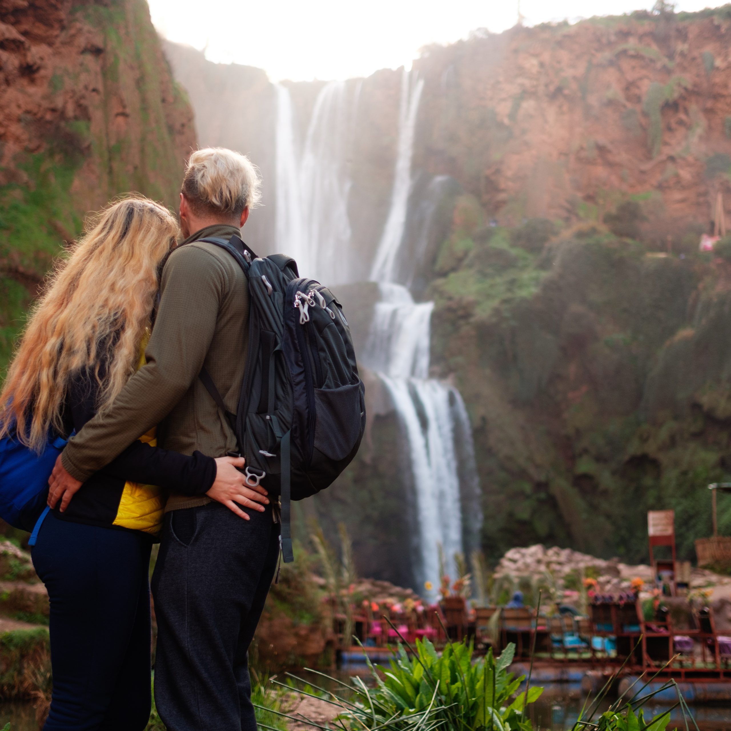 Adventurer couple near Ouzoud waterfall in Morocco.