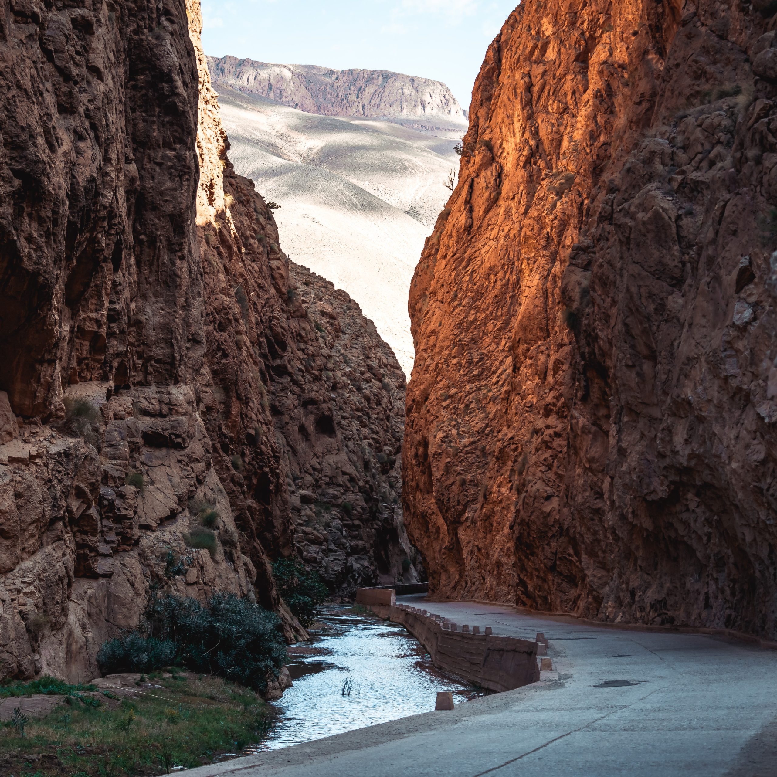 Narrow road through the Dades Gorge Valley Canyon, Atlas Mountains in Morocco.